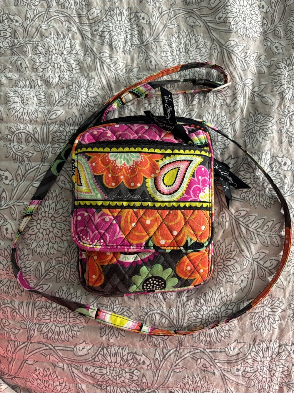 Vera Bradley Pink Orange Green Quilted Paisley Crossbody